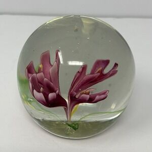 Vintage Art Glass Floral Paperweight Purple Flower Hand Blown Glass Sphere